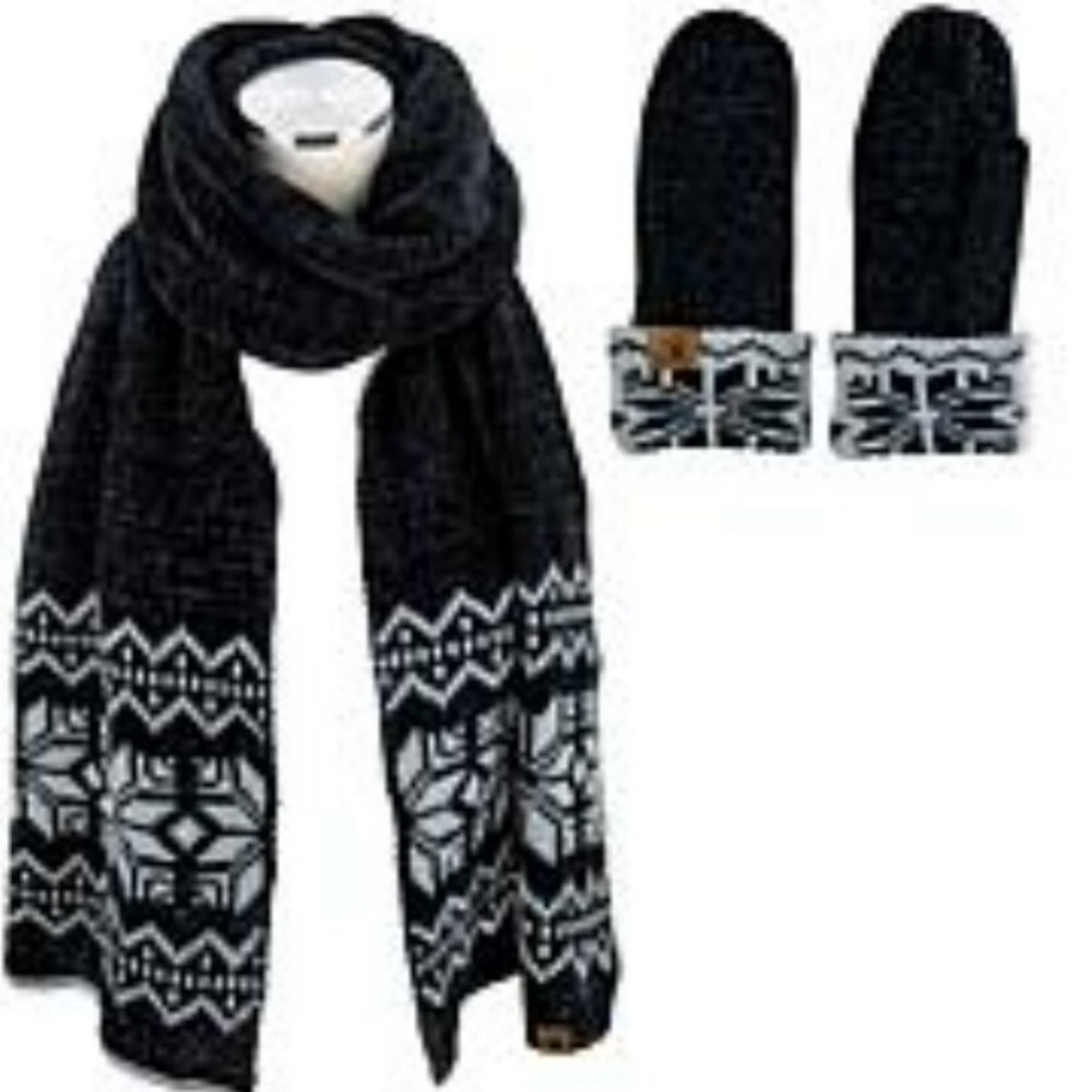 New! Bearpaw Fair Isle Chenille Scarf and Mitten Set Black/Gray
